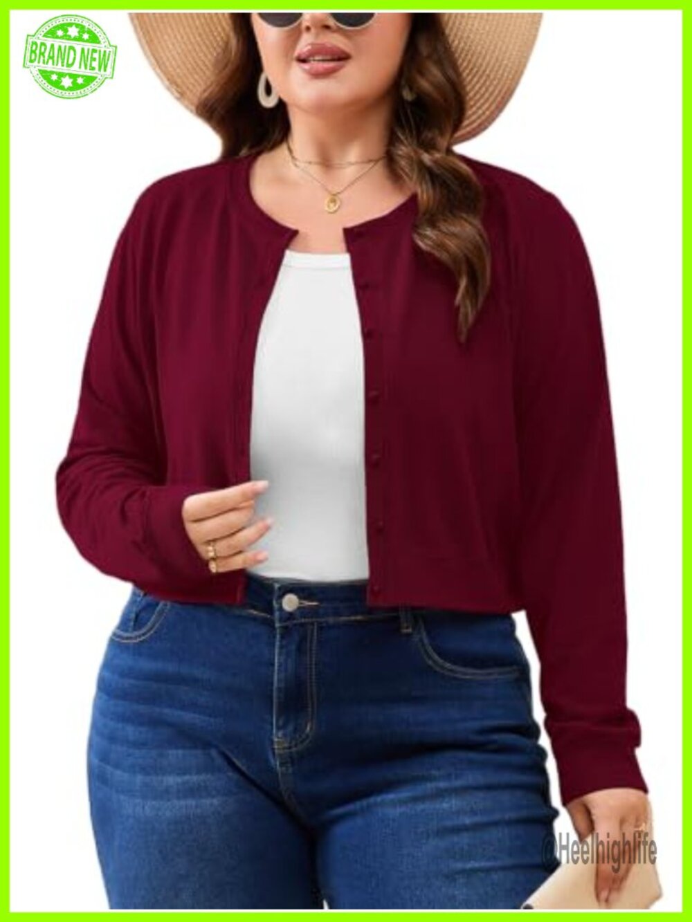 Plus Size Cropped Cardigan Lightweight Button Front Knit Crew Neck Short